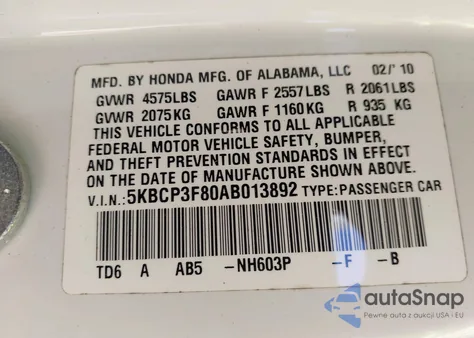 2010 Honda Accord Exl from USA, damaged, VIN 5KBCP3F80AB013892